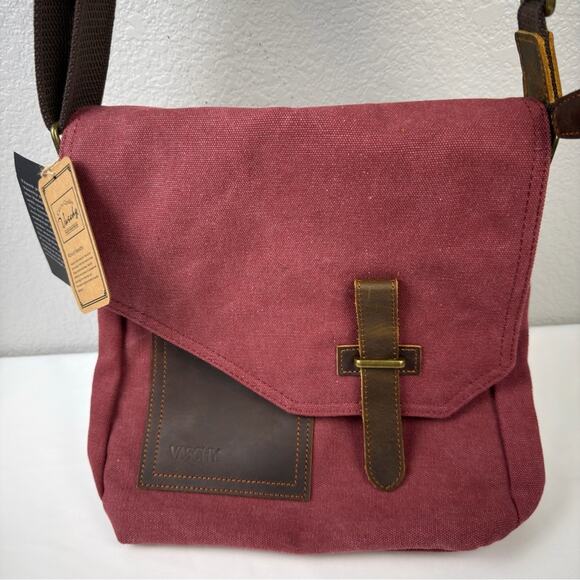 NWT VASCHY Small Messenger BagVintage Canvas Leather Crossbody Burgundy - Picture 2 of 9